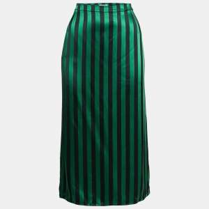 Pre Owned Kenzo Green & Black Striped Satin Midi Skirt L