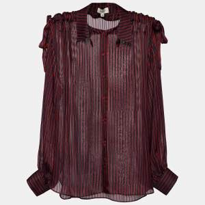 Pre Owned Kenzo Black Striped Silk Shoulder Tie Detail Button Front Blouse XL