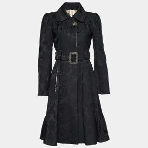 Kenzo Black Floral Jacquard Belted Single Breasted Coat M