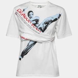 Pre Owned Kenzo White Dragon Kick Print Cotton Draped T-Shirt S