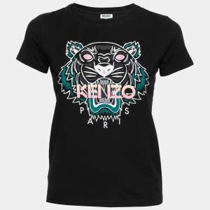 Pre Owned Kenzo Black Tiger Logo Print Cotton T-Shirt XS