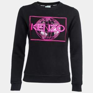 Kenzo Black Cotton Globe Embroidered Crew Neck Sweatshirt XS