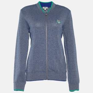 Pre Owned Kenzo Blue Mélange Cotton Tiger Patch Zip Front Cardigan S