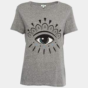 Pre Owned Kenzo Grey Eye Flocked Roundneck T-Shirt L