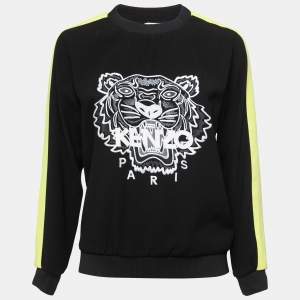 Pre Owned Kenzo Black Crepe Tiger Motif Side Stripe Detail Sweatshirt XS