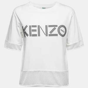 Pre Owned Kenzo White Cotton & Mesh Contrast Logo T-Shirt M