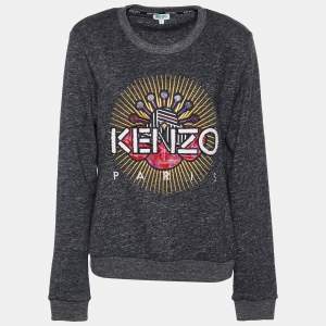 Pre Owned Kenzo Grey Tanami Flower Applique Cotton Knit Sweatshirt L