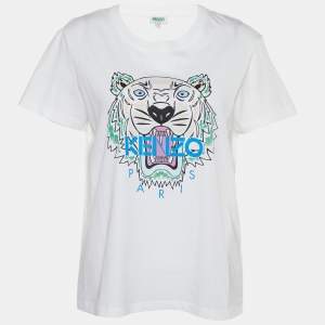 Pre Owned Kenzo White Tiger Print Cotton Crew Neck T-Shirt L