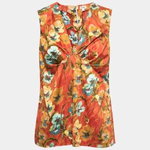 Kenzo Multicolor Floral Printed Cotton Ruched V-Neck Sleeveless Top L