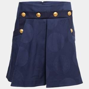 Kenzo Blue Jacquard Cotton Button Embellished Pleated Mini Skirt M