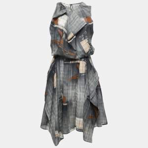 Kenzo Grey Abstract Printed Gauze Draped Asymmetrical Midi Dress M