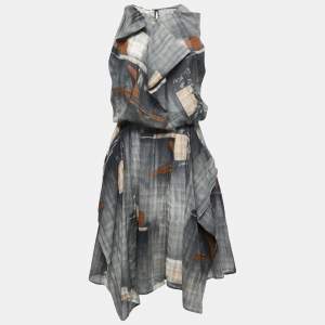 Kenzo Grey Abstract Printed Gauze Draped Asymmetrical Midi Dress M