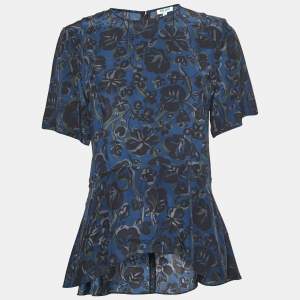 Kenzo Navy  Blue Floral Printed Silk Asymmetrical Peplum Top M