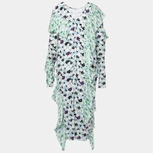 Pre Owned Kenzo Multicolor Crepe Ruffle Detailed Long Sleeve Midi Dress L