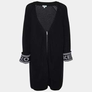 Kenzo Black Cotton & Wool Knit Zip Front Cardigan XL