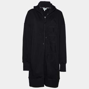 Kenzo Black Logo Embroidered Cotton Knit Hooded Coat L