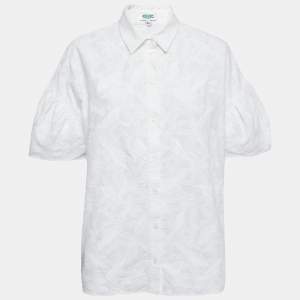 Pre Owned Kenzo White Floral Embroidered Cotton Short Sleeve Shirt XL