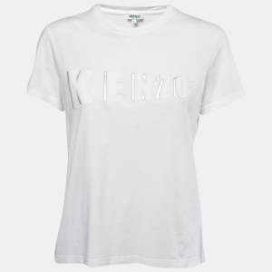 Pre Owned Kenzo White Logo Embroidered Cotton Knit Round Neck T-Shirt L