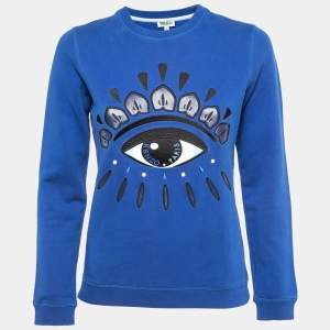 Pre Owned Kenzo Blue Embroidered Cotton Knit Crew Neck Sweatshirt S