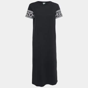Kenzo Black Cotton Logo Printed Sleeve Detail Midi Dress M