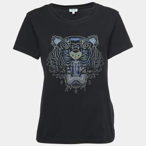 Pre Owned Kenzo Black Cotton Tiger Motif Print T-Shirt L