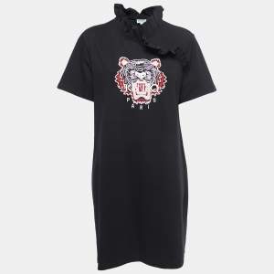 Kenzo Black Tiger Motif Cotton Ruffled Midi Dress L