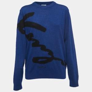 Pre Owned Kenzo Blue Logo Print Wool Crew Neck Sweater L