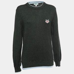 Kenzo Green Patterned Wool Logo Patch Crew Neck Sweater M