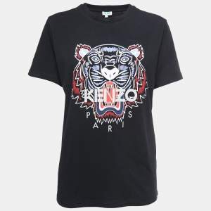Pre Owned Kenzo Black Logo Print Cotton Crew Neck Half Sleeve T-Shirt S