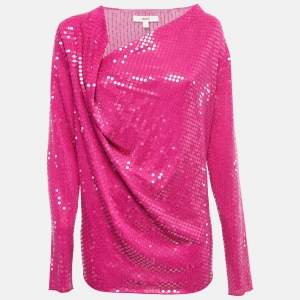 Pre Owned Kenzo Pink Sequin Embellished Silk Knit Draped Long Sleeve Tunic L