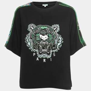 Kenzo Black Logo Embroidered Crepe Crew Neck Relaxed Fit T-Shirt L