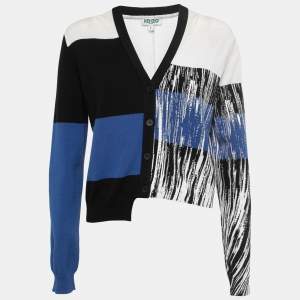 Kenzo Black/White Abstract Painted Cotton Knit Button Front Cardigan L