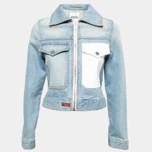Kenzo Blue Logo Embroidered Denim Zip Front Cropped Jacket XS