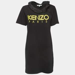 Pre Owned Kenzo Black Logo Print Cotton Frilled Neck Detail Short Sleeve Mini Dress S