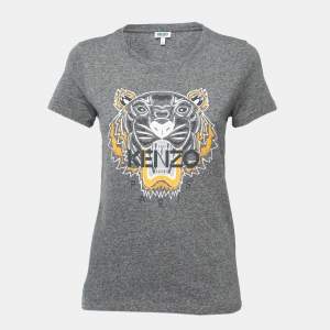 Pre Owned Kenzo Grey Cotton Tiger Motif Printed T-Shirt S