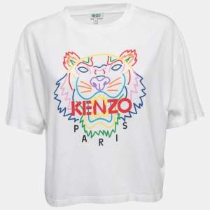 Kenzo White Logo Print Cotton Crew Neck Cropped Half Sleeve T-Shirt M