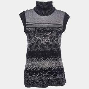 Kenzo Black Intarsia Lurex Knit Sleeveless Turtleneck Sweater L