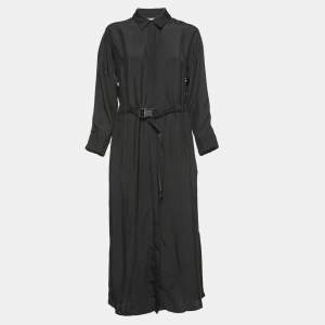 Pre Owned Kenzo Black Logo Patterned Crepe Button Front Belted Shirt Midi Dress S