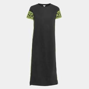 Pre Owned Kenzo Black Cotton Neon Logo Band Detailed  Midi T-Shirt Dress S