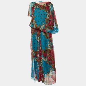 Kenzo Blue Floral Print Silk Elasticized Waist Maxi Dress XL