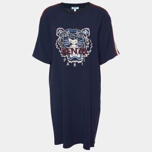 Pre Owned Kenzo Navy Blue Tiger Embroidered Crepe Mini Dress S