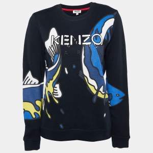 Pre Owned Kenzo Black Koi Fish Print Cotton Crew Neck Sweatshirt M