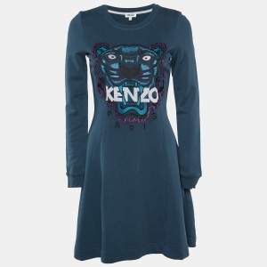 Pre Owned Kenzo Teal Green Tiger Embroidered Cotton Mini Dress S