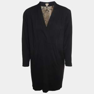 Kenzo Black Wool Blend V-Neck Mini Dress M