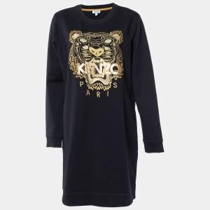Kenzo Black Tiger Embroidered Cotton Sweater Dress XL