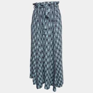 Pre Owned Kenzo Blue Monogram Pattern Knit Belted Midi Skirt M