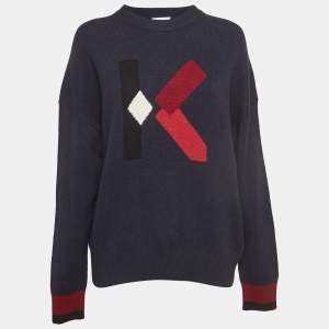Pre Owned Kenzo Navy Blue K Intarsia Rib Knit Crew Neck Jumper L   