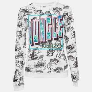 Kenzo White Jungle Embroidered Cotton Knit Crew Neck Sweatshirt S