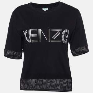 Kenzo Black Logo Print Cotton Mesh Detail T-Shirt S