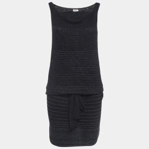 Kenzo Black Stripe Lurex Knit Belted Mini Dress M